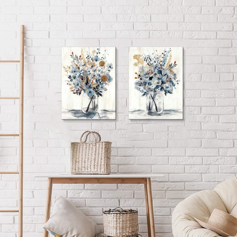 Hardy Gallery Floral Painting Canvas Wall Art: Abstract Flower Bouquet in Glass Bottle Picture Print for Dining Room (18'' x 24'' x 2 Panels) - Image 5